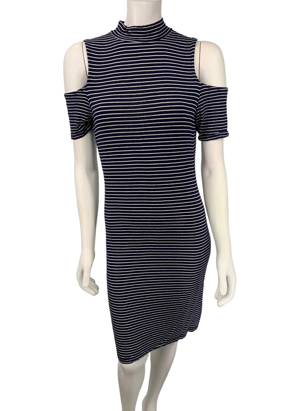 RD Style cold shoulder high neck blue white stripe knee length dress small